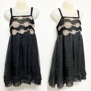 Anthropologie Zehavale Black Ruffle Floral Detail Silk Blend Mini Dress Sz 2